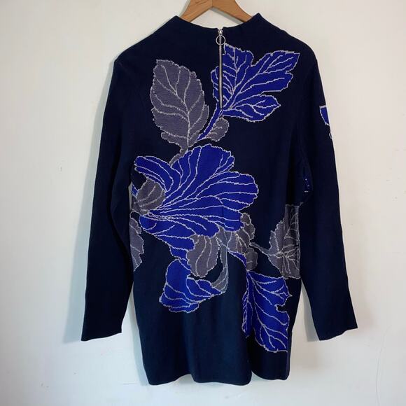 Chico’s Navy Blue Floral Sweater Tunic SZ L Zip Back Long Sleeve Cotton Blend - Picture 9 of 10